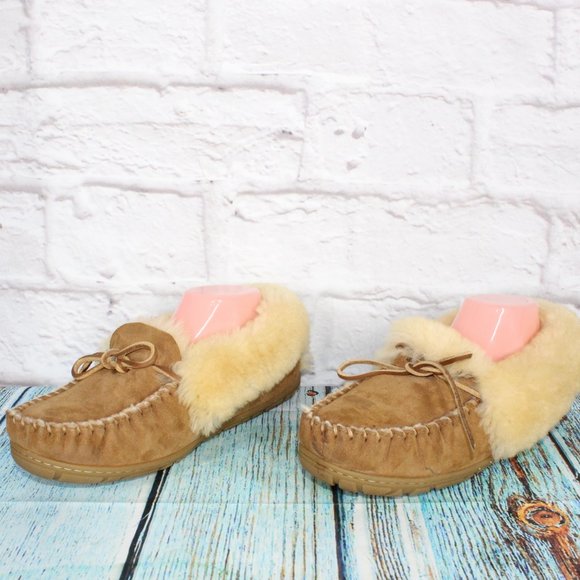 LL BEAN Brown Suede Shearling Lined Wicked Good Moccasin Slippers 10 M - Picture 2 of 9